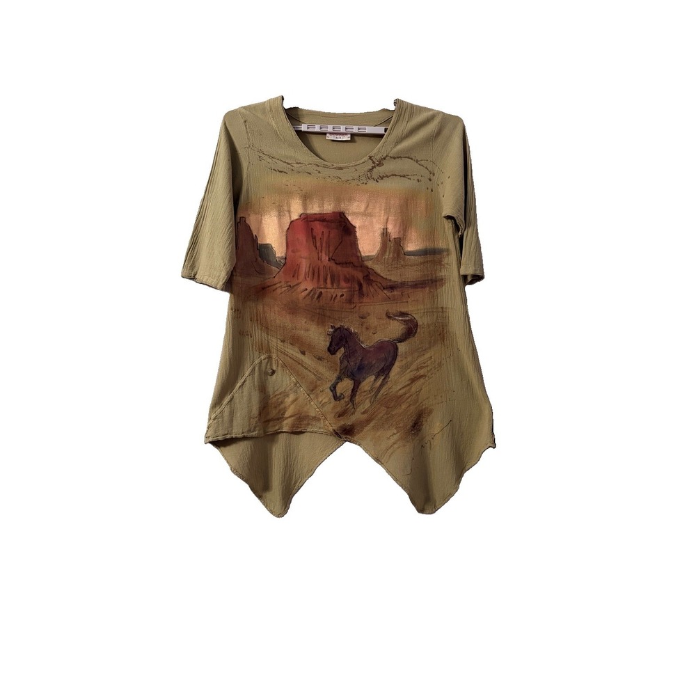 Vtg Cotton Gauze Tunic Top Size XL Art To Wear Horse Asymmetrical Lagenlook Boho
